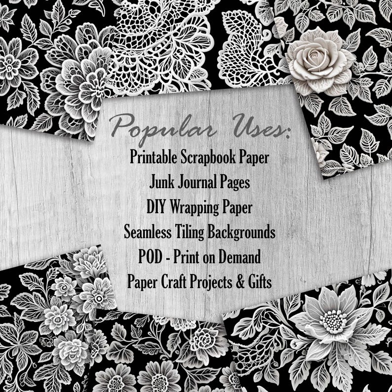 White Lace Floral Digital Paper White Lace Seamless Patterns on Black ...