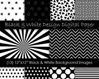 Black and White Digital Paper - Simple Scrapbook Paper - Black and White Backgrounds - Commercial Use - 300 dpi JPG - Instant Download