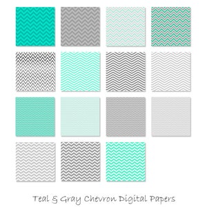 Teal &amp; Gray Chevron Digital Paper - Chevron Scrapbooking Paper - Chevron Backgrounds for ...