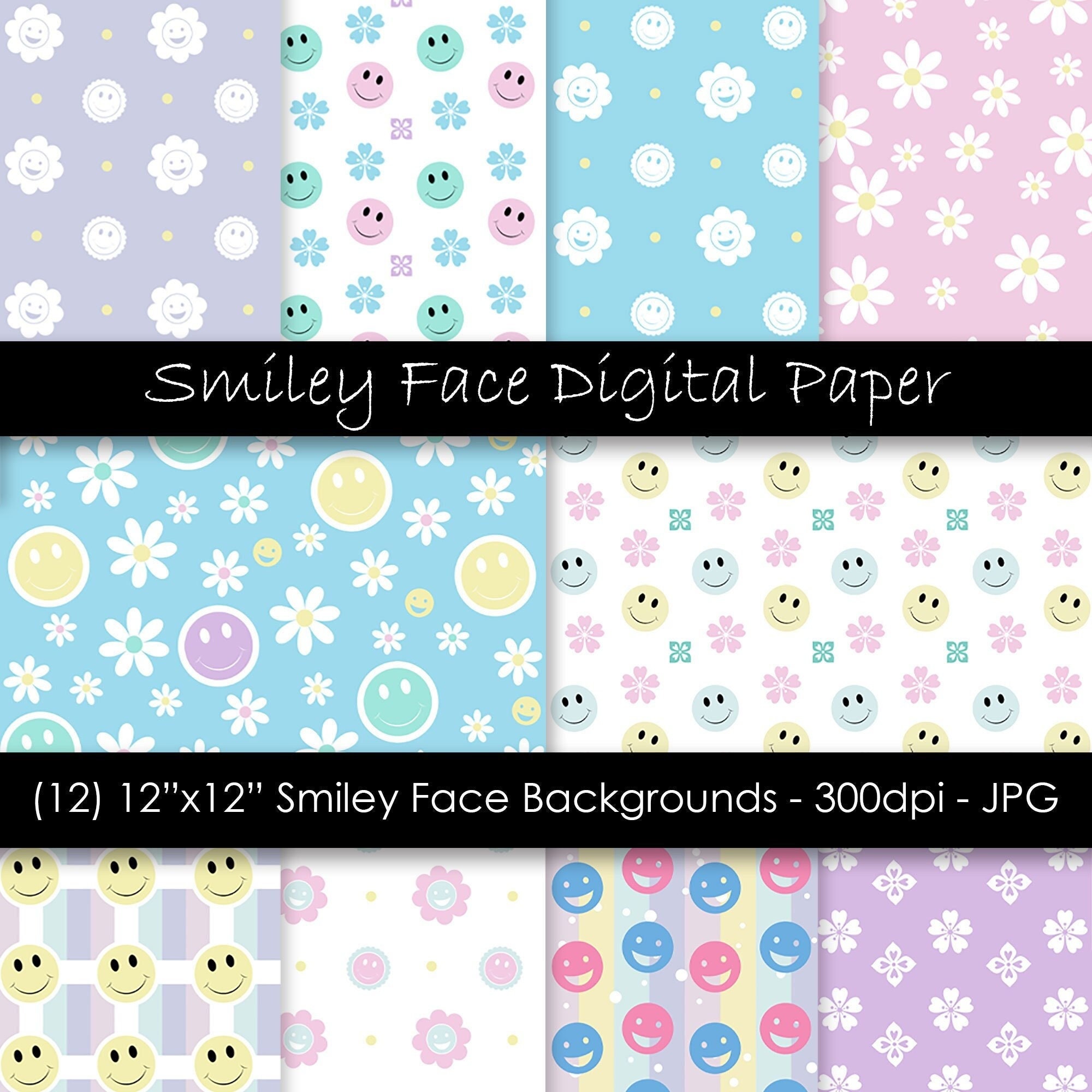 Smiley Face Digital Paper - Smiley Face & Flower Backgrounds - Blue and Pink Smiley Faces - Commercial Use - 300 dpi jpg