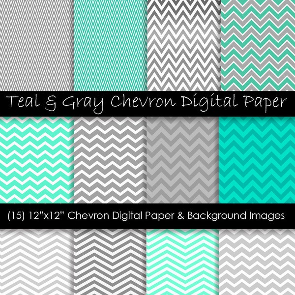 Teal & Gray Chevron Digital Paper - Chevron Scrapbooking Paper - Chevron Backgrounds for Commercial Use - 300 dpi JPG - Instant Download