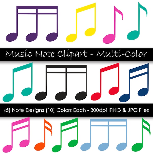 Music Note Clipart - Colorful Music Notes - Music Symbols - 50 Pieces - Commercial Use - 300 dpi PNG & JPG files - Instant Digital Download