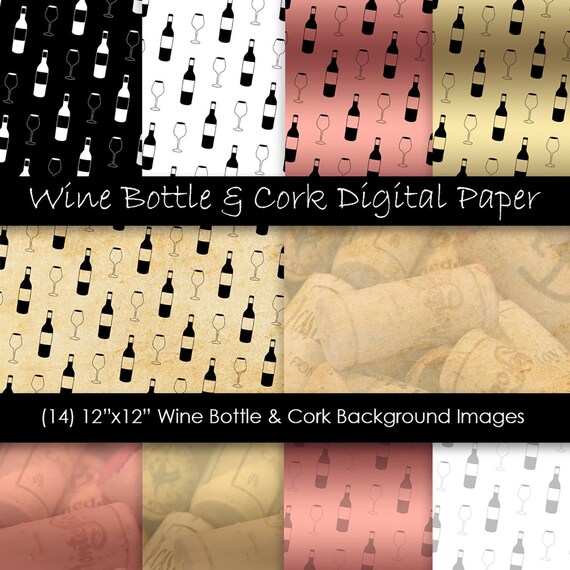 Wine Scrapbook Paper - Wine Bottle and Cork Digital Paper - Wine Pattern Backgrounds - Commercial Use - 300 dpi JPG files - Instant Download