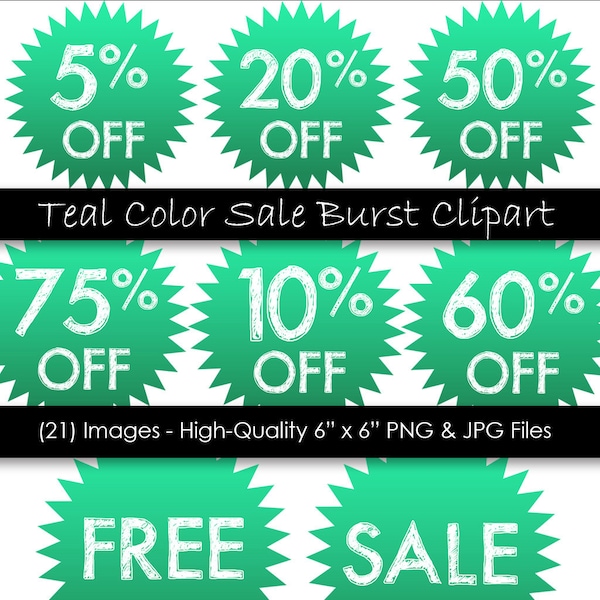 Starburst Clipart - Sale Discount Clipart - Teal Sale Burst - 21 Piece - Commercial Use - 300 dpi PNG & JPG files - Instant Digital Download