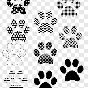Puede incluir: Conjunto de diez huellas de patas blancas y negras con diferentes patrones, incluyendo estrellas, lunares, chevrones, cuadros y copos de nieve.