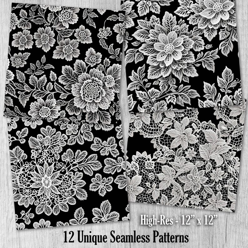 Hy Pattern White Lace Floral Digital Paper White Lace Seamless Patterns on Black ...