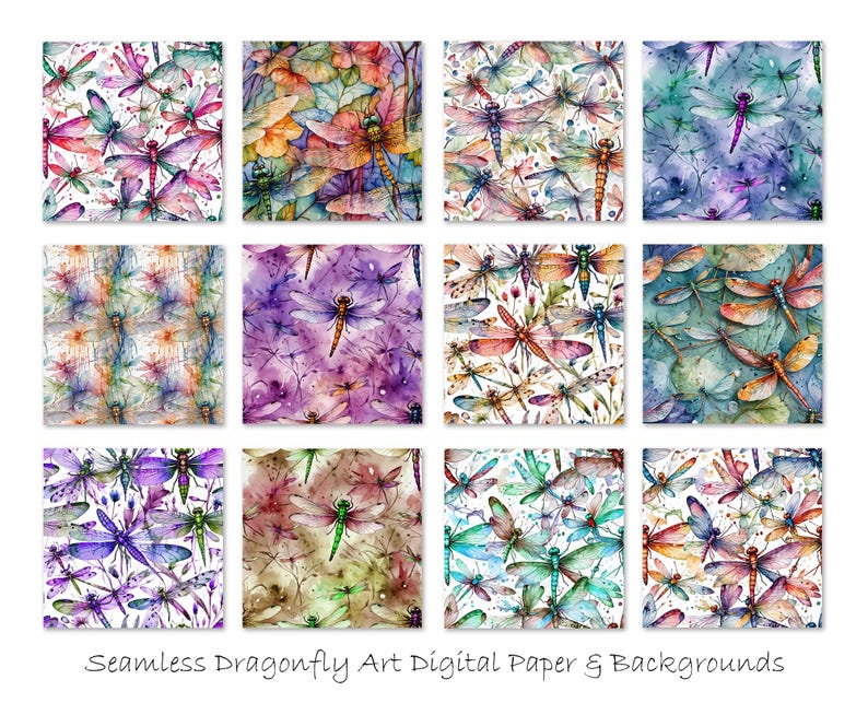 Dragonfly Art Digital Papers - Seamless Dragonfly Backgrounds - Vibrant ...