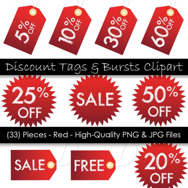 Price Tag Clipart - Printable Hang Tags - Red Sale Tags - 33 Pieces - Commercial Use - 300 dpi PNG & JPG files - Instant Digital Download