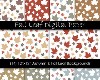 Fall Leaf Pattern Digital Paper - Autumn & Fall Backgrounds - Digital Leaf Patterns - Commercial Use - 300 dpi JPG - Digital Download