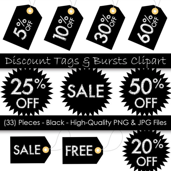 Price Tag Clipart - Printable Hang Tags - Black Sale Tags - 33 Pieces - Commercial Use - 300 dpi PNG & JPG files - Instant Digital Download