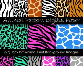 Tier Safari Druck Digital Papier - Bunte Zebra, Leopard, Tiger und Giraffe Hintergrund Texturen - Kommerzielle Nutzung - 300 dpi JPG Dateien