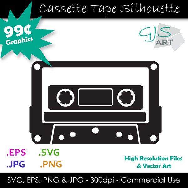 Cassette Tape SVG - Retro Music Cassette Clipart - Audio Cassette Silhouette Cut File svg, eps, png, jpg - Commercial Use - Digital Download