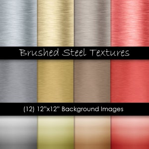 May include: Twelve 12" x 12" brushed steel textures in silver, gold, brown, and red.  Brushed Steel Textures (12) 12"x12" Background Images