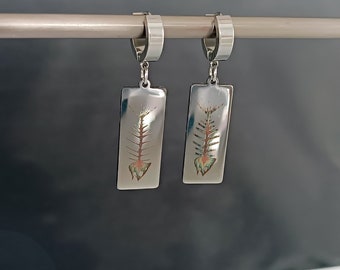 boucles d'oreilles créoles en filigrane avec pendentif, gravure laser, acier inoxydable, poisson, squelette