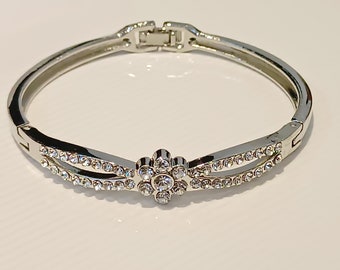 Blume Strass Armband Armreif Edelstahl schließbar in Silber