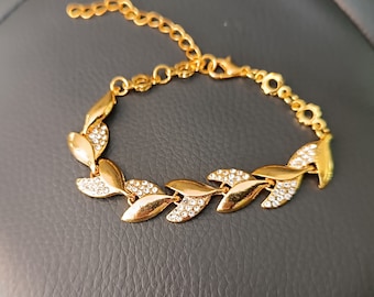 Armband, Kristall, Strass, geflochtene Blätter, in Gold