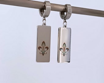 boucles d'oreilles créoles en filigrane avec pendentif, gravure laser, acier inoxydable, lys français