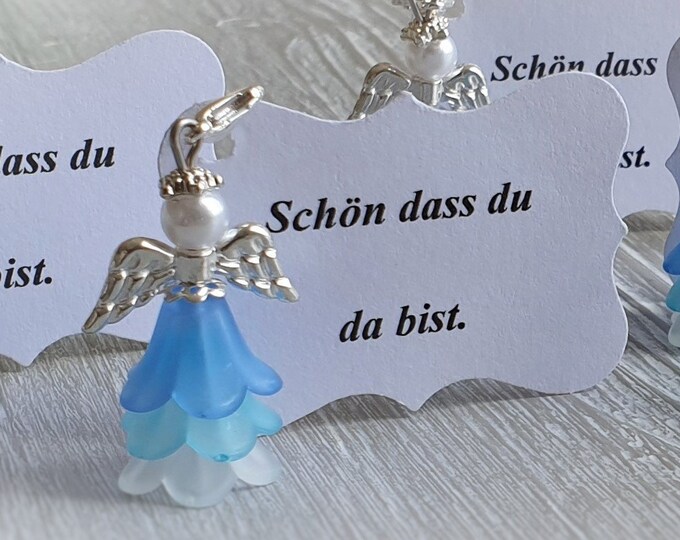 10 Guardian Angel Pendant Angel Baptism Communion Wedding Lucky Charm Silver Plated Guest Gift Wings Note Personalizable Blue