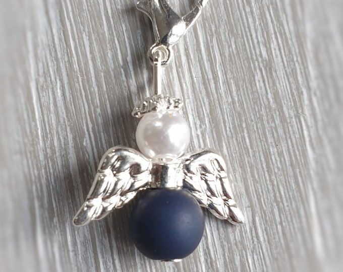 10 Guardian Angel Pendant Angel Baptism Communion Wedding Confirmation Lucky Charm Silver Plated Guest Gift Pearls Dark Blue