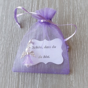 10x beschermengel hanger engel met netzak doop communie bruiloft geluksbrenger gastgeschenk notitie gepersonaliseerd paars
