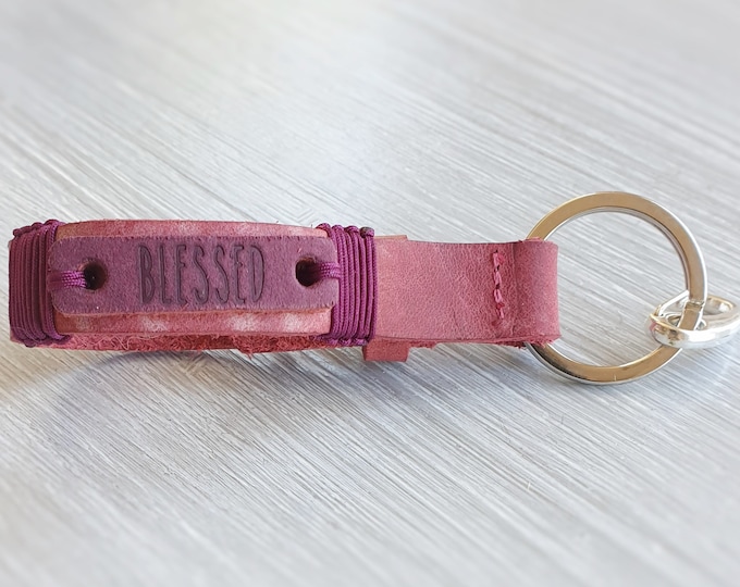 Real leather pendant BLESSED keychain guardian angel pendant gift girlfriend, leather, keyring, woman, stainless steel