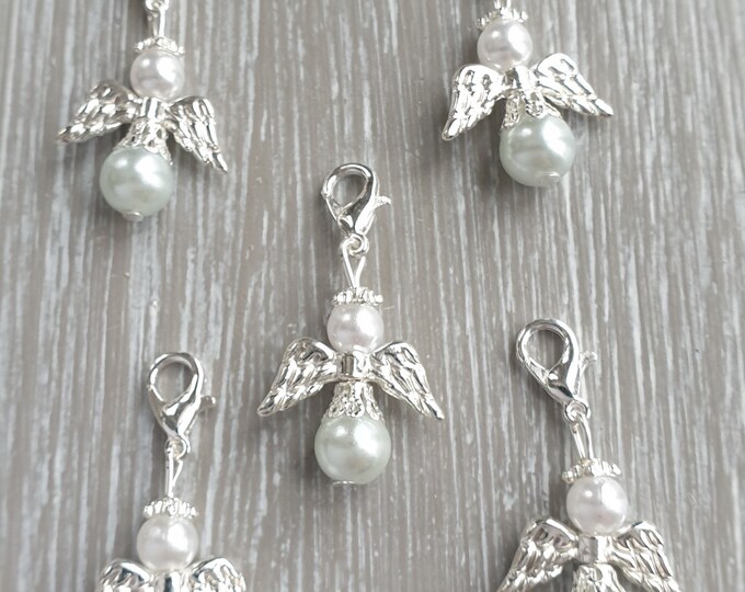 10 Guardian Angel Pendants Angel Baptism Communion Wedding Lucky Charm Silver Plated Mother of Pearl Guest Gift Pearls Light Blue