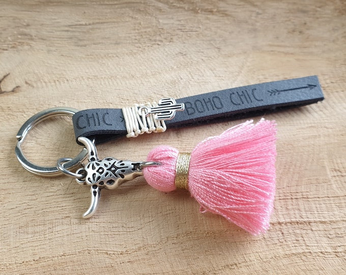Keychain buffalo head bull head pendant cactus head buffalo bohemian tassel BOHO CHIC gift girlfriend, keyring, woman, stainless steel