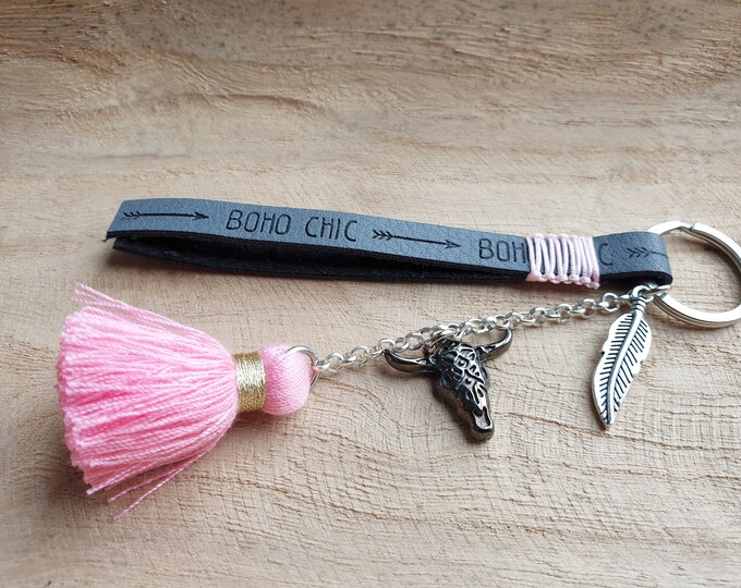 Keychain buffalo head bull head pendant feather head buffalo bohemian tassel BOHO CHIC gift girlfriend, keyring, woman, stainless steel
