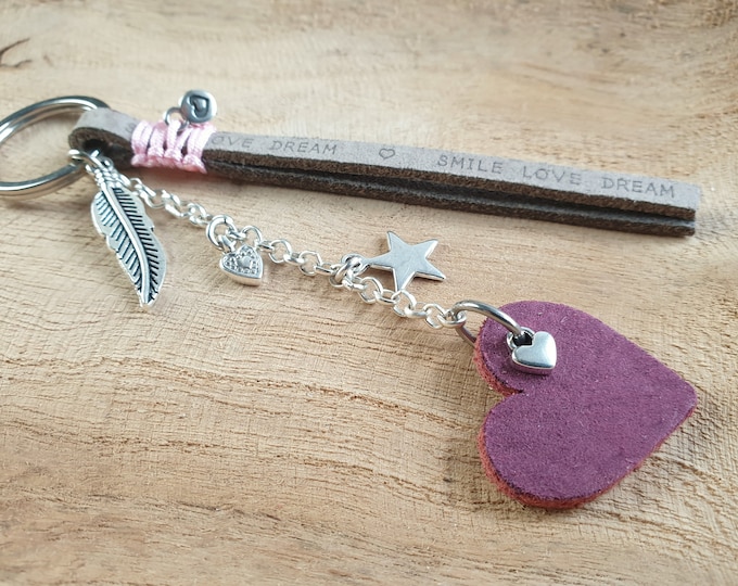 Keychain Smile Love Dream Pendant Heart Feather Gift Girlfriend Mother's Day, Leather, Keyring, Woman, Stainless Steel