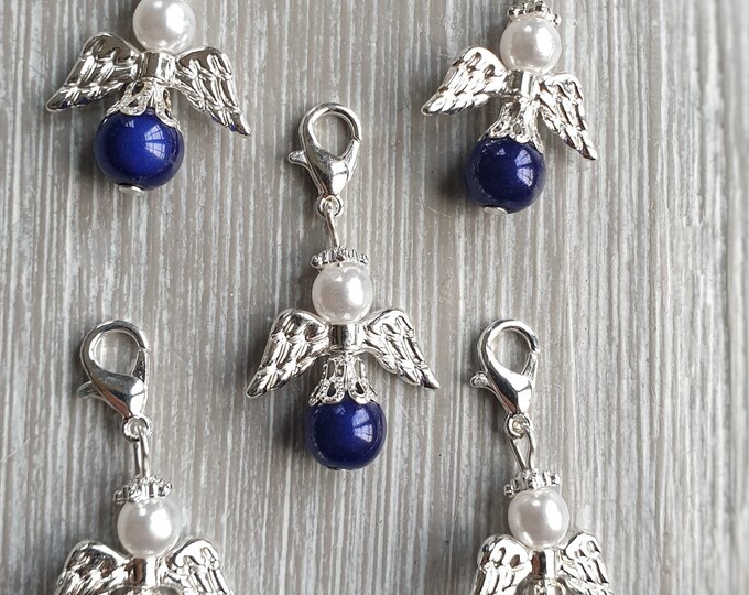 10 Guardian Angel Pendants Angel Baptism Communion Wedding Lucky Charm Silver Plated Mother of Pearl Gift Beads Miracle Beads Dark Blue