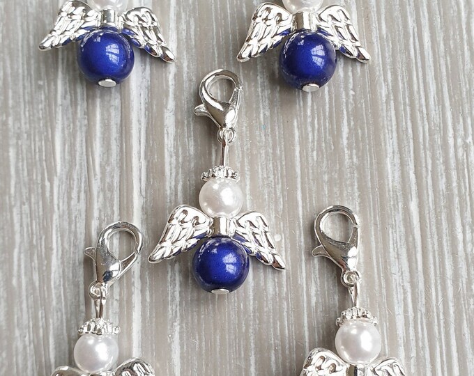 10 Guardian Angel Pendant Angel Baptism Communion Wedding Lucky Charm Silver Plated Guest Gift Cat's Eye Beads Miracle Beads Dark Blue