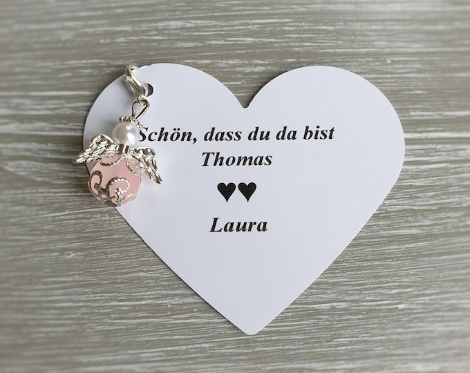 10 Guardian Angel Pendant Polaris Angel + 10 Cards Baptism Communion Pink Wedding Lucky Charm Heart Silver Plated Guest Gift Personalizable