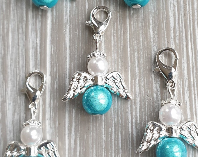 10 Guardian Angel Pendants Angel Baptism Communion Wedding Lucky Charm Silver Plated Guest Gift Cat's Eye Beads Miracle Beads Turquoise