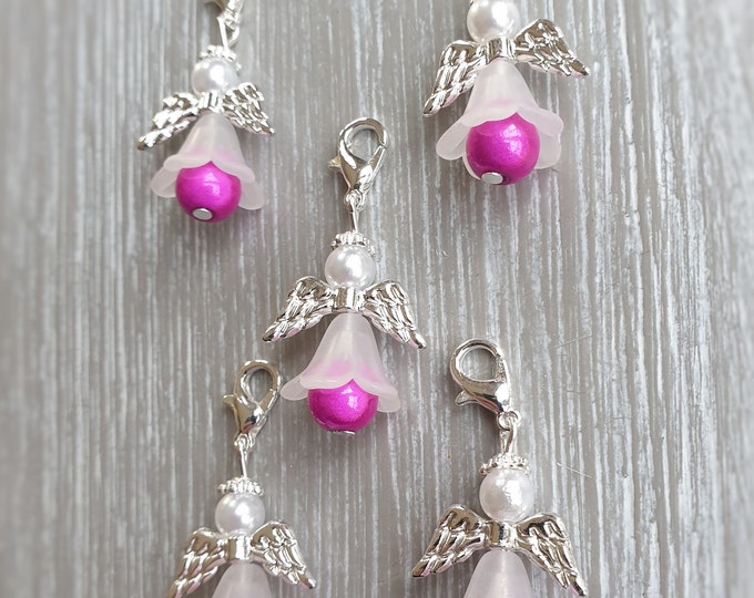 10 Guardian Angel Pendants Angel Baptism Communion Wedding Lucky Charm Silver Plated Mother of Pearl Gift Birthday Miracle Beads Pink