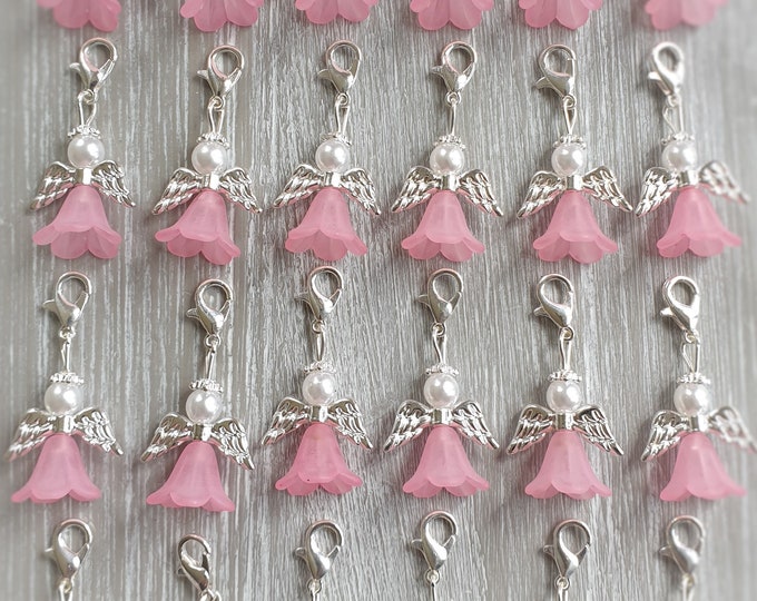 10 Guardian Angel Pendants Angel Light Pink Baptism Communion Confirmation Wedding Lucky Charm Silver Plated Mother of Pearl Gift