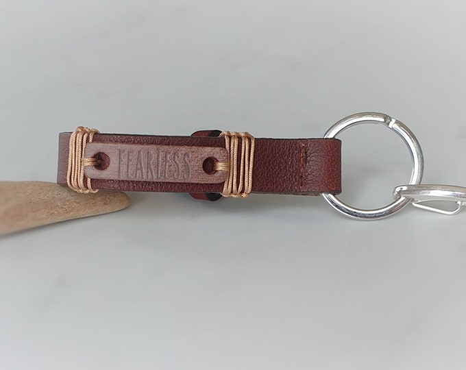 Real leather pendant FEARLESS keychain guardian angel pendant gift girlfriend, leather, keyring, woman, stainless steel