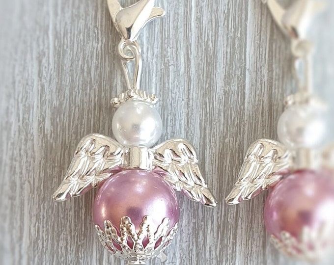20 Guardian Angel Pendants Angel Baptism Communion Wedding Silver Plated Lucky Charm Angel Birth Charm Guest Gift Pearls Beads Pink