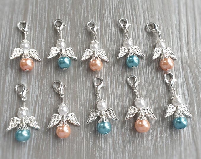 10 Guardian Angel Pendant Angel Baptism Communion Wedding Lucky Charm Silver Plated Mother of Pearl Guest Gift Pearls Blue Apricot