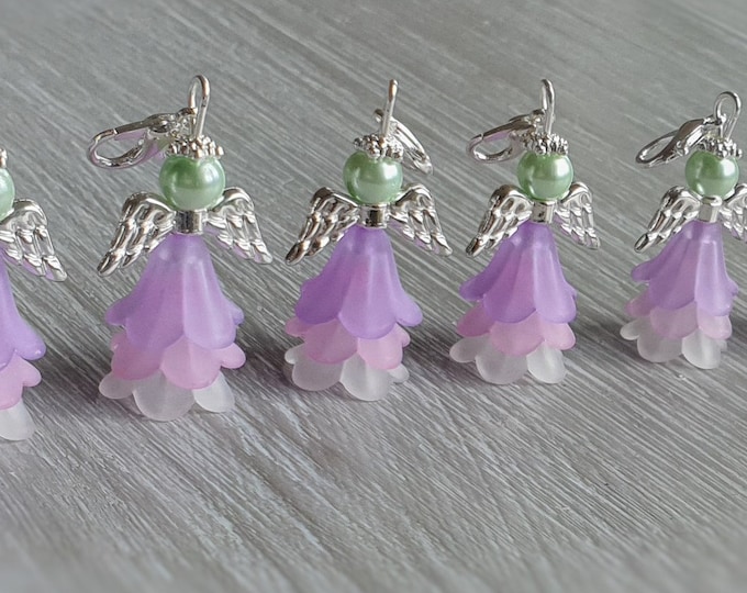 10 Guardian Angel Pendant Angel Baptism Communion Wedding Lucky Charm Silver Plated Mother of Pearl Gift Purple Pink