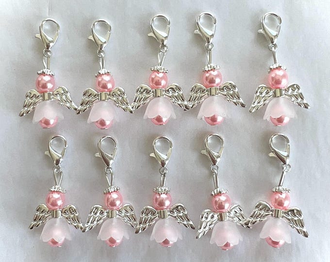 10 Guardian Angel Pendant Angel Baptism Communion Wedding Lucky Charm Silver Plated Mother of Pearl Gift Pearls Pink