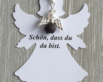 5 Schutzengel Anhänger + 5 Kärtchen Anhänger Taufe Kommunion Hochzeit Glückbringer versilbert Gastgeschenk Flügel Engelchen Firmung Engel