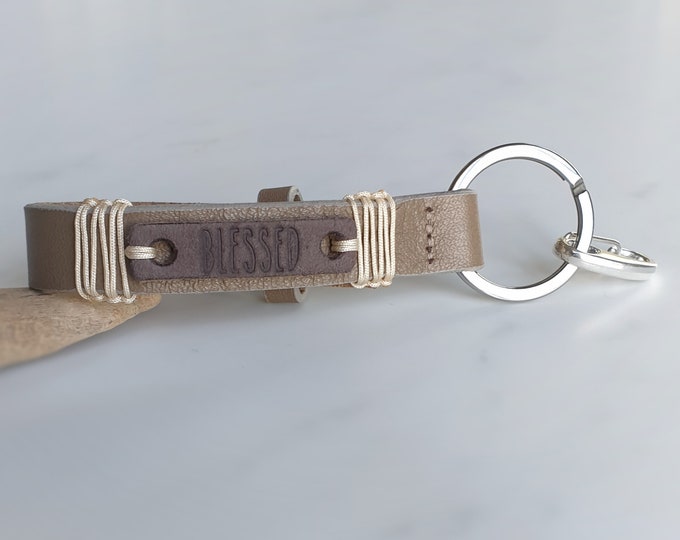 Real leather pendant BLESSED keychain guardian angel pendant gift girlfriend, leather, keyring, woman, stainless steel