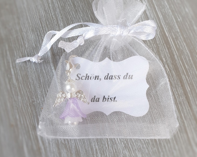 5x Schutzengel Anhänger Engel mit Netztütchen Taufe Kommunion Hochzeit Glückbringer Gastgeschenk Vermerk personalisierbar