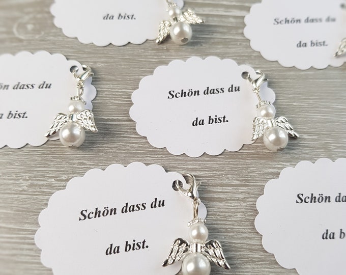 20 Guardian Angel Pendant Angel Baptism Communion Wedding Lucky Charm Silver Plated Guest Gift Wings Note Personalizable Pearl