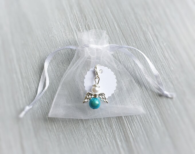 10 Schutzengel Anhänger Engel mit Netztütchen Engel Taufe Kommunion Hochzeit Glückbringer Charm versilbert Gastgeschenk Firmung Engelchen