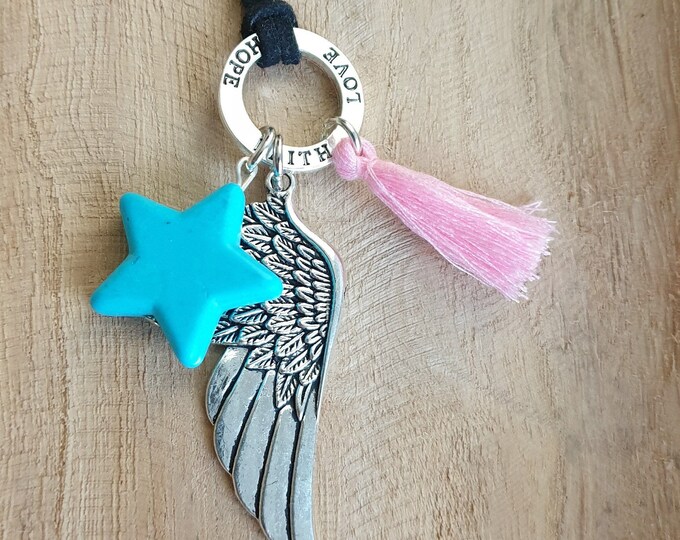 Chain necklace made of soft suede with ring Love Faith Hope, feather, tassel star pendant lucky charm spc