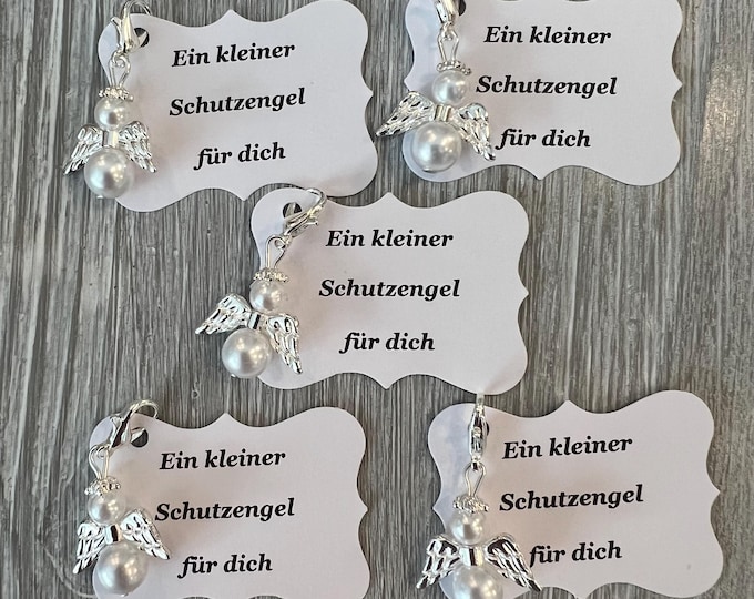 10 Guardian Angel Pendants + 10 Cards for Baptism, Communion, Lucky Charm, Silver Plated, Party Favor, Little Angel, Personalized Note, Blanc