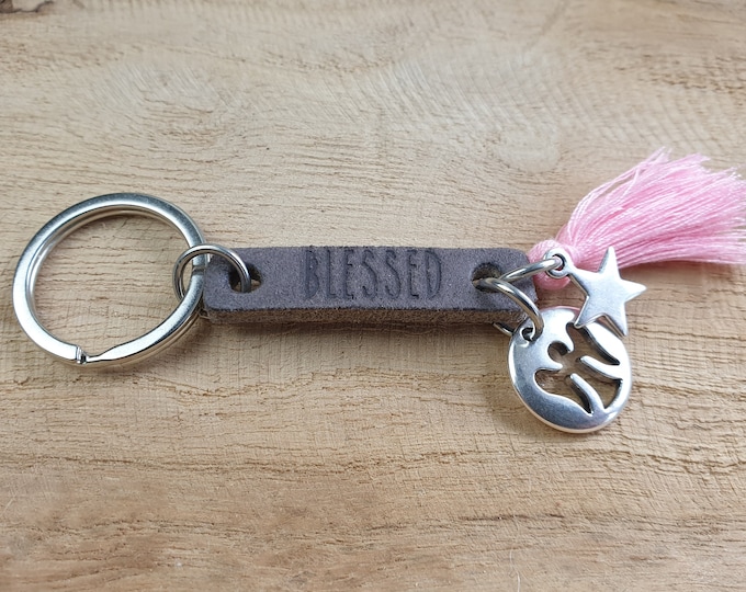 Keychain BLESSED Guardian Angel Pendant Angel Star Gift Girlfriend Mother's Day, Leather, Keyring, Woman, Stainless Steel