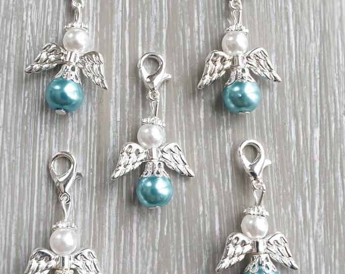 10 Guardian Angel Pendants Angel Baptism Communion Wedding Lucky Charm Silver Plated Mother of Pearl Guest Gift Pearls Blue