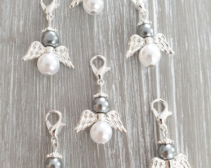 20 Guardian Angel Pendants Angel Baptism Communion Wedding Lucky Charm Silver Plated Mother of Pearl Guest Gift Pearls Grey